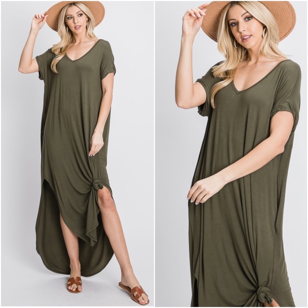 Boho Oversized Pocket V neck Slit Maxi Dress Olive